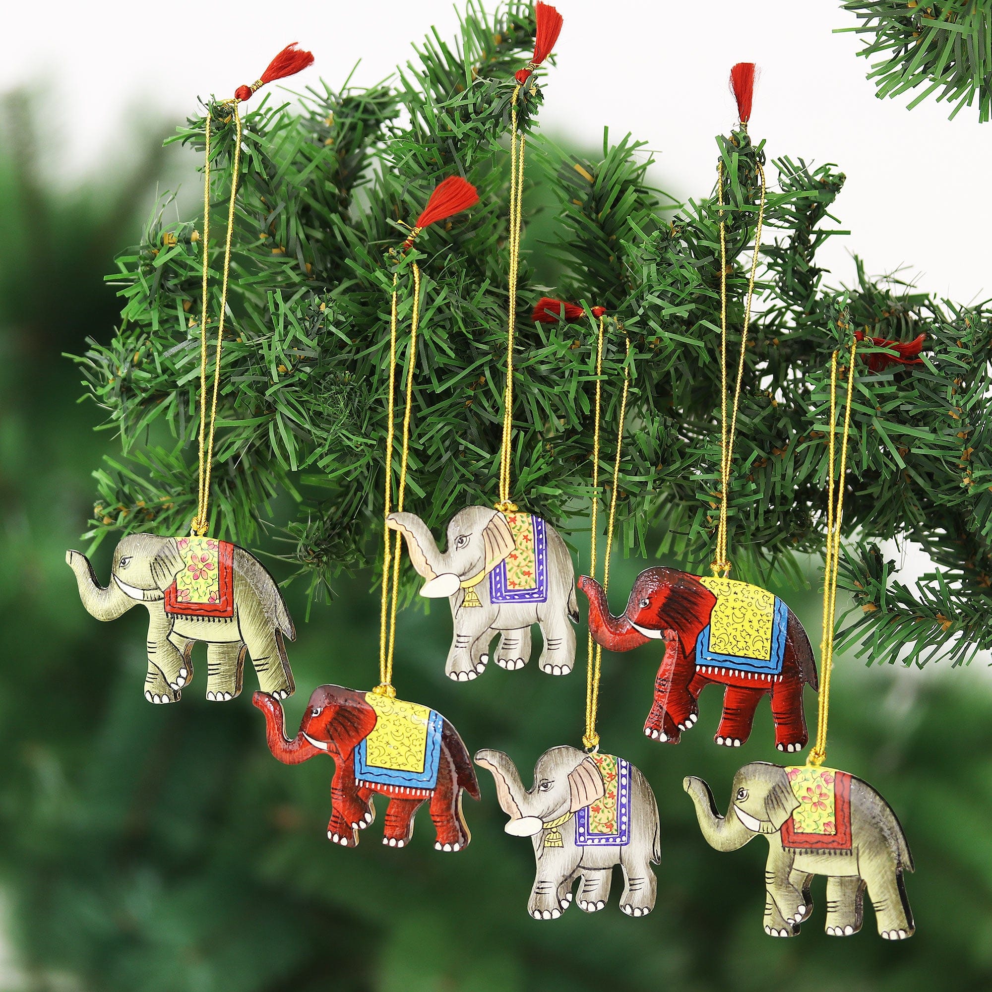 Wood Ornaments - Set of 6 - Festive Elephants