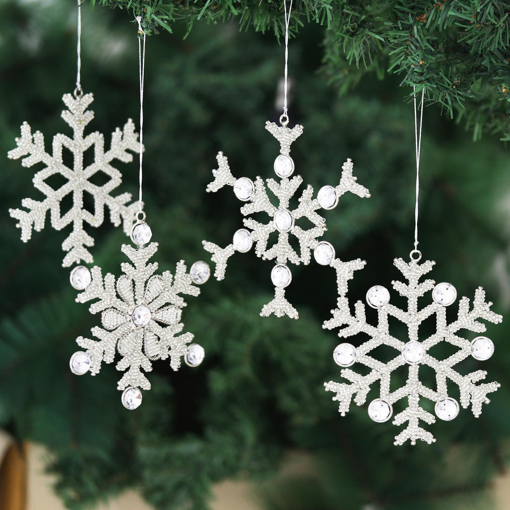 Aluminum Beaded Ornaments - Set of 4 - Silvery Snowflakes