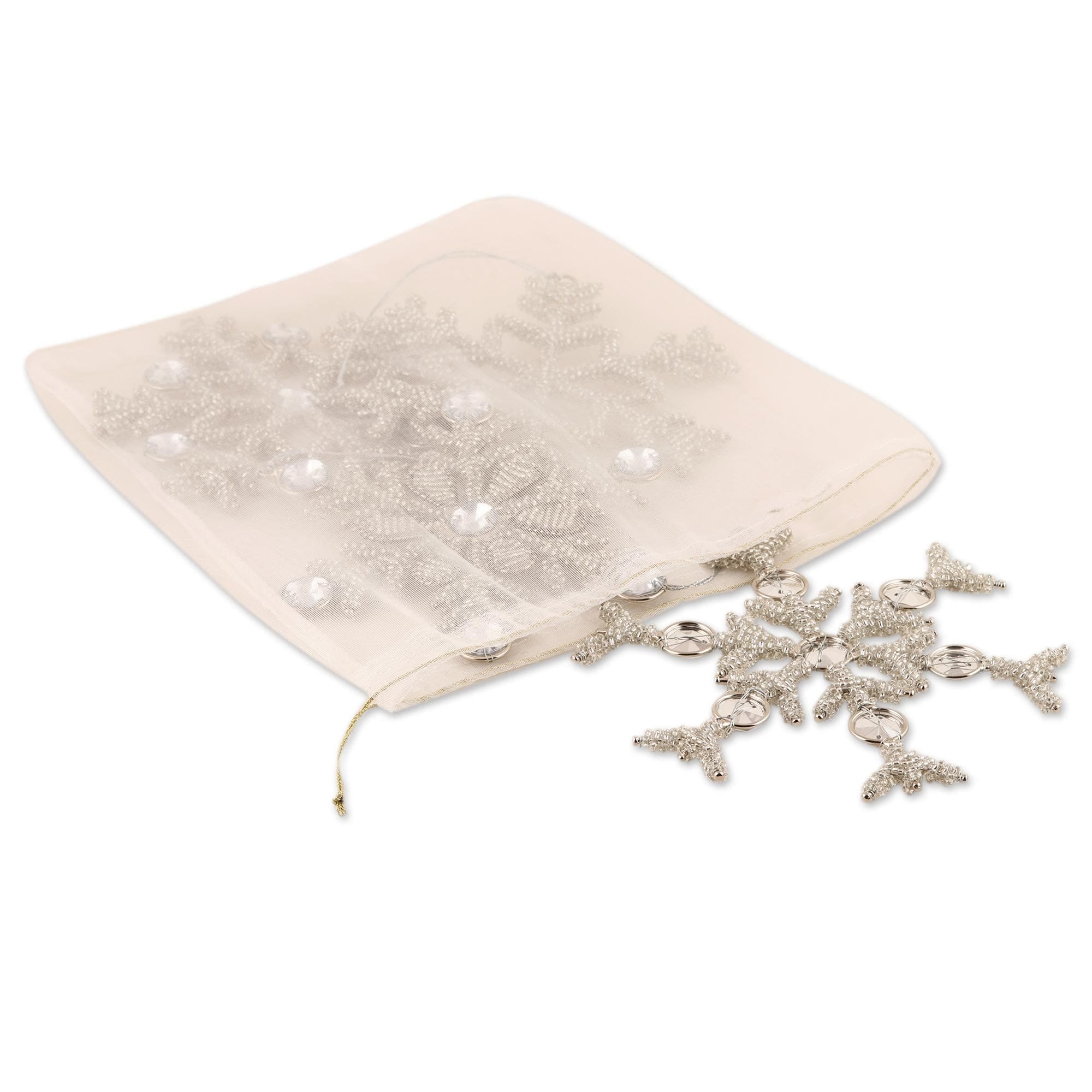 Aluminum Beaded Ornaments - Set of 4 - Silvery Snowflakes