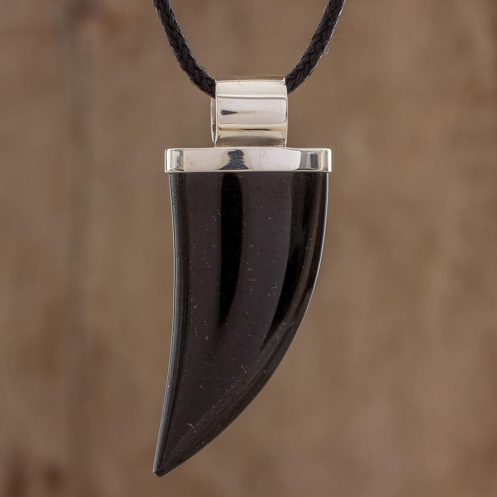 Men's Black Jade and Sterling Silver Fang Pendant Necklace - Strong Bite