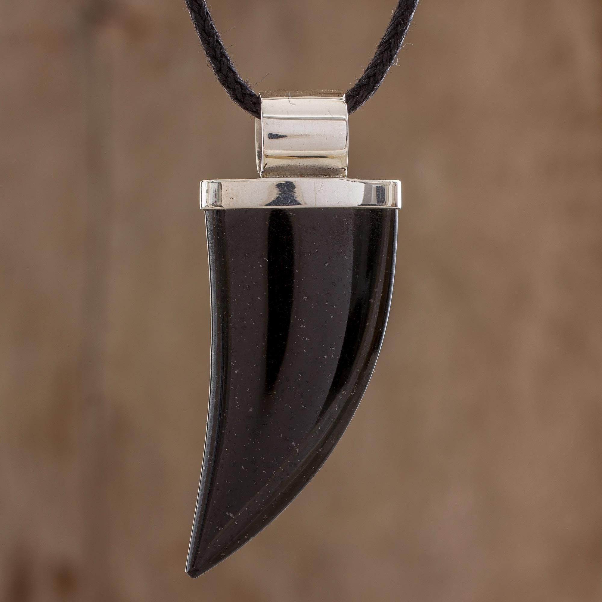Men's Black Jade and Sterling Silver Fang Pendant Necklace - Strong Bite