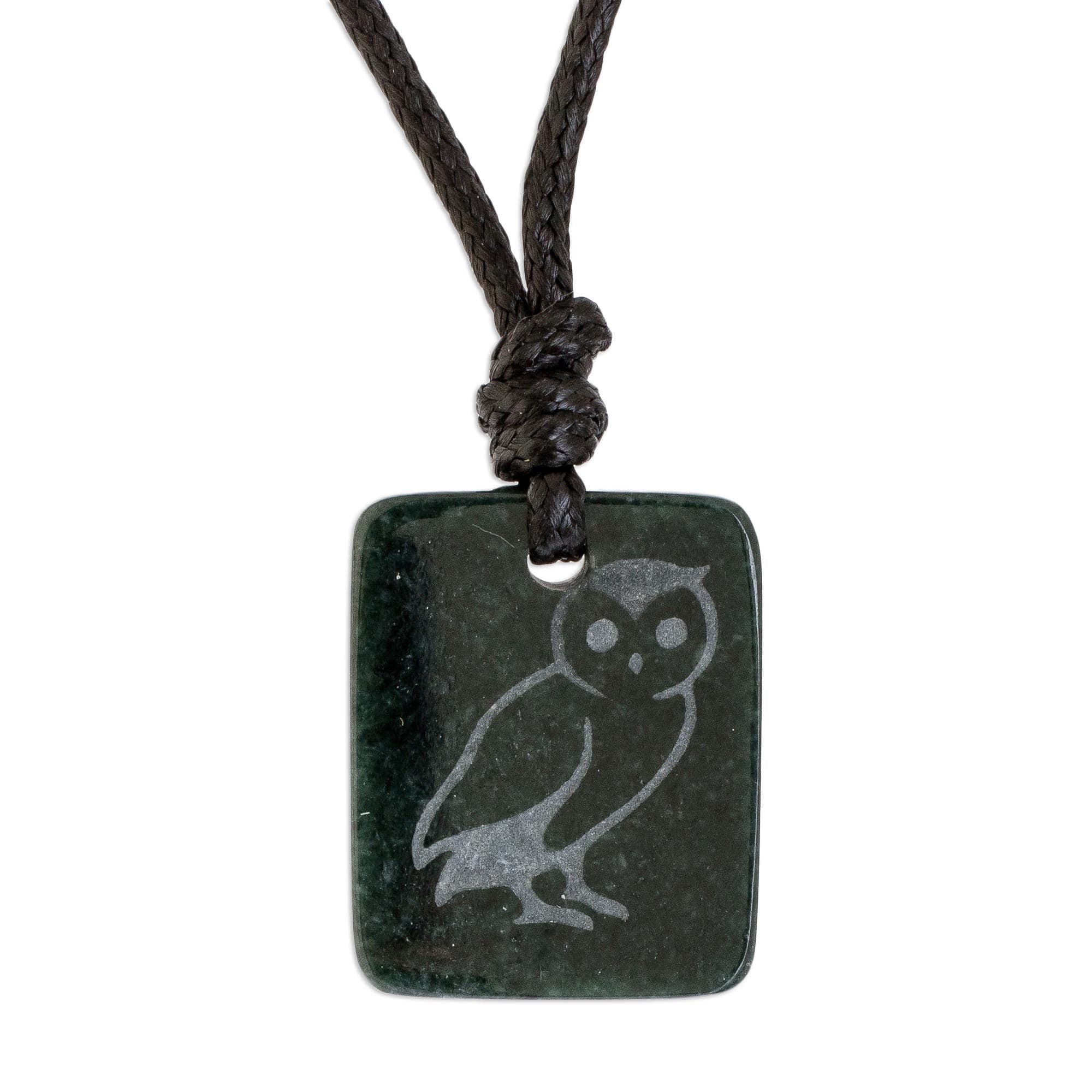 Dark Green Jade Owl Pendant Necklace - Perceptive Owl