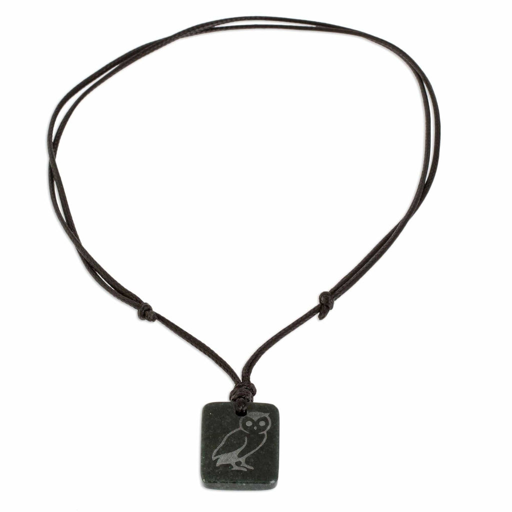 Dark Green Jade Owl Pendant Necklace - Perceptive Owl