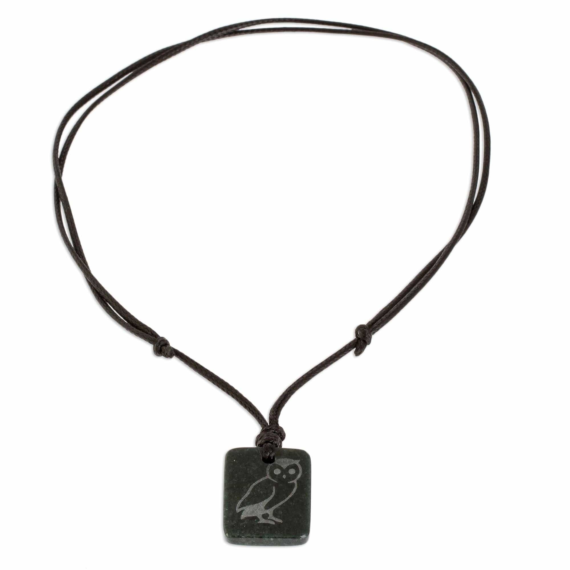 Dark Green Jade Owl Pendant Necklace - Perceptive Owl