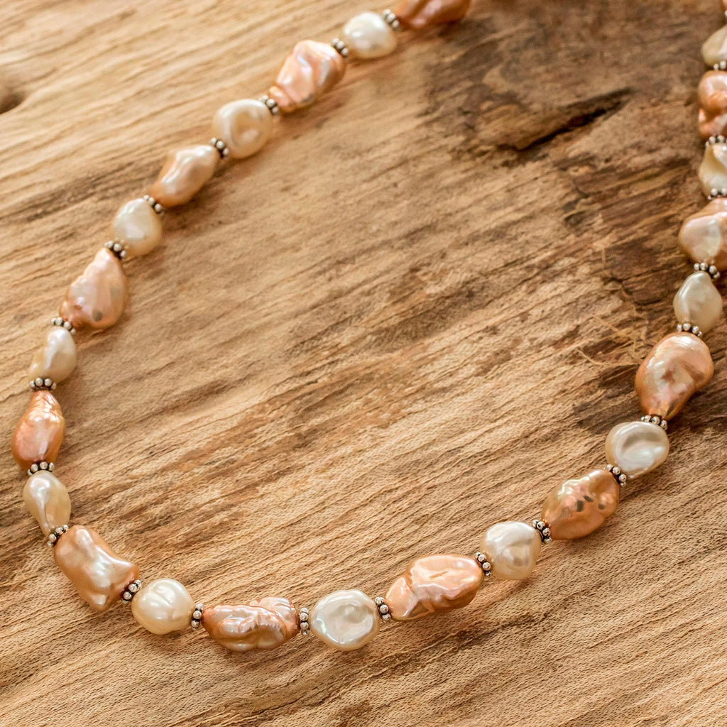 Cultured Pink Baroque Pearl Beaded Necklace with Silver - Baroque Glow