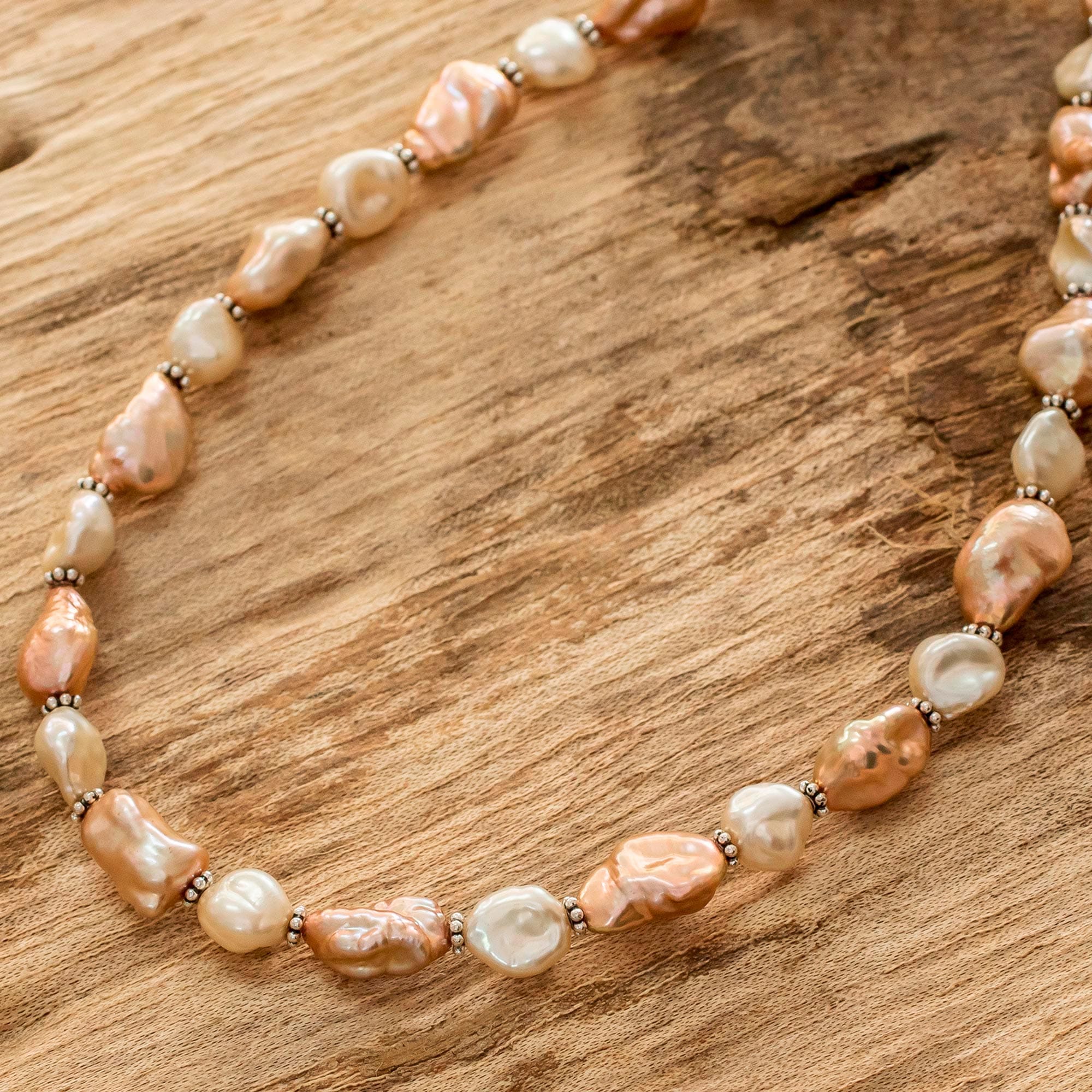 Cultured Pink Baroque Pearl Beaded Necklace with Silver - Baroque Glow