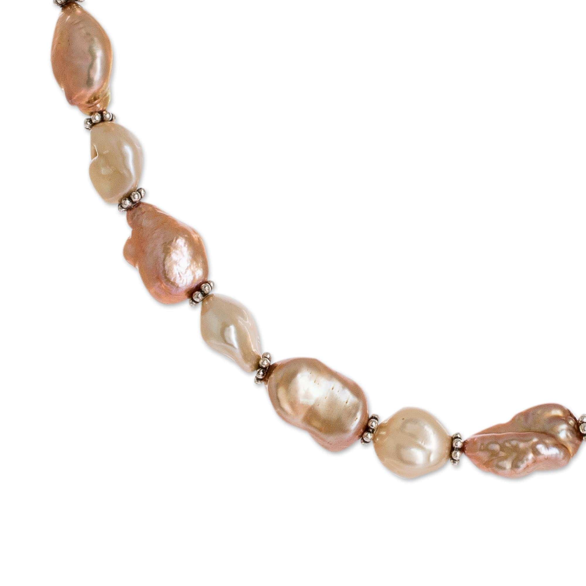 Cultured Pink Baroque Pearl Beaded Necklace with Silver - Baroque Glow