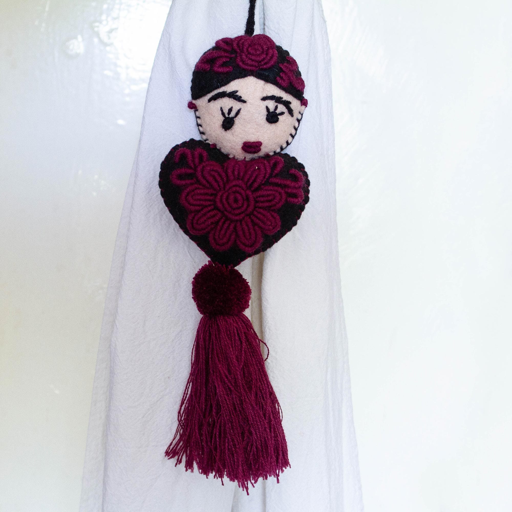 Embroidered Wool Ornament - Frida's Burgundy Heart