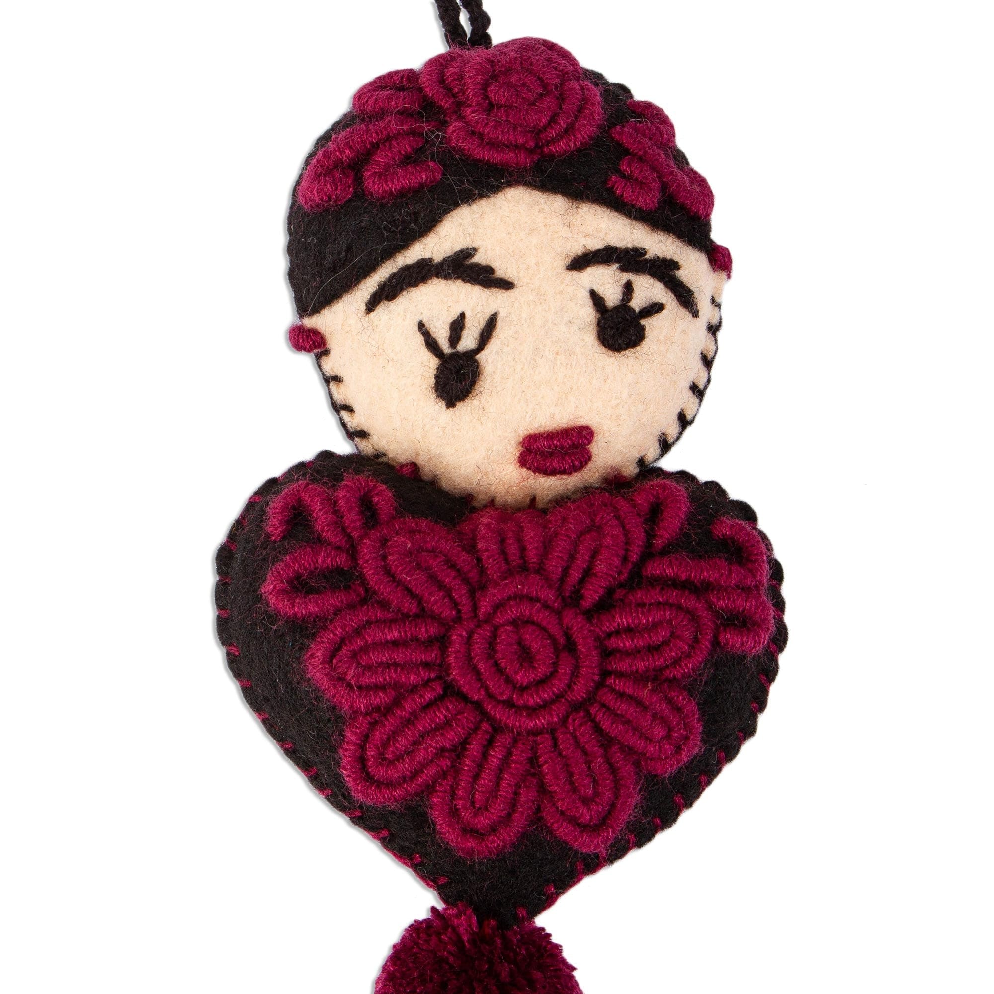 Embroidered Wool Ornament - Frida's Burgundy Heart